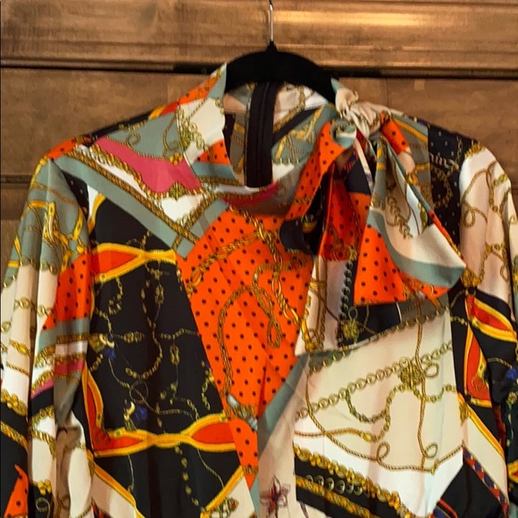 Tie Neck Chain Print Skater Dress - Rust - Picture 2 of 3